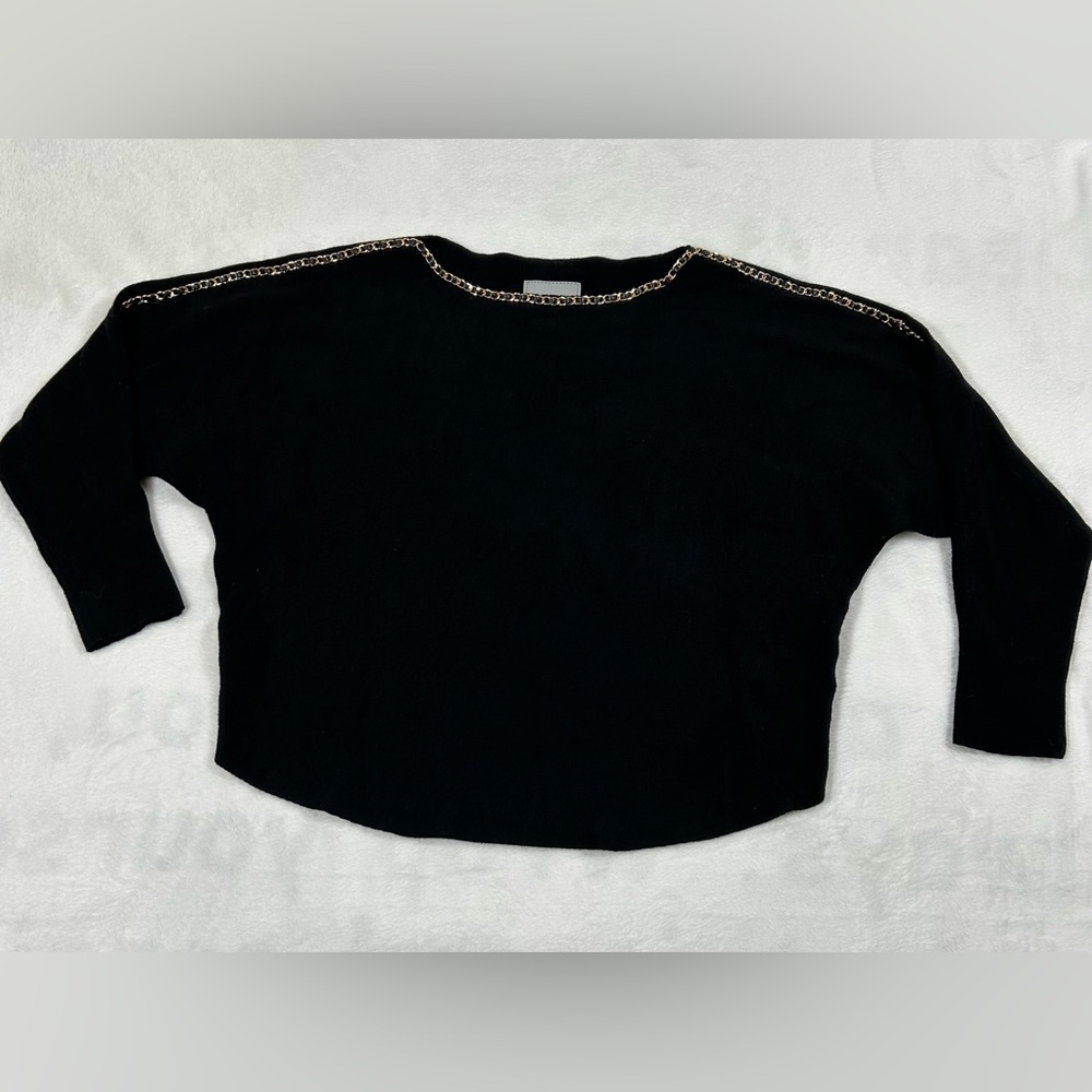 Liv Milano Cropped Sweater Large Black Chain Detail 3/4 Sleeve